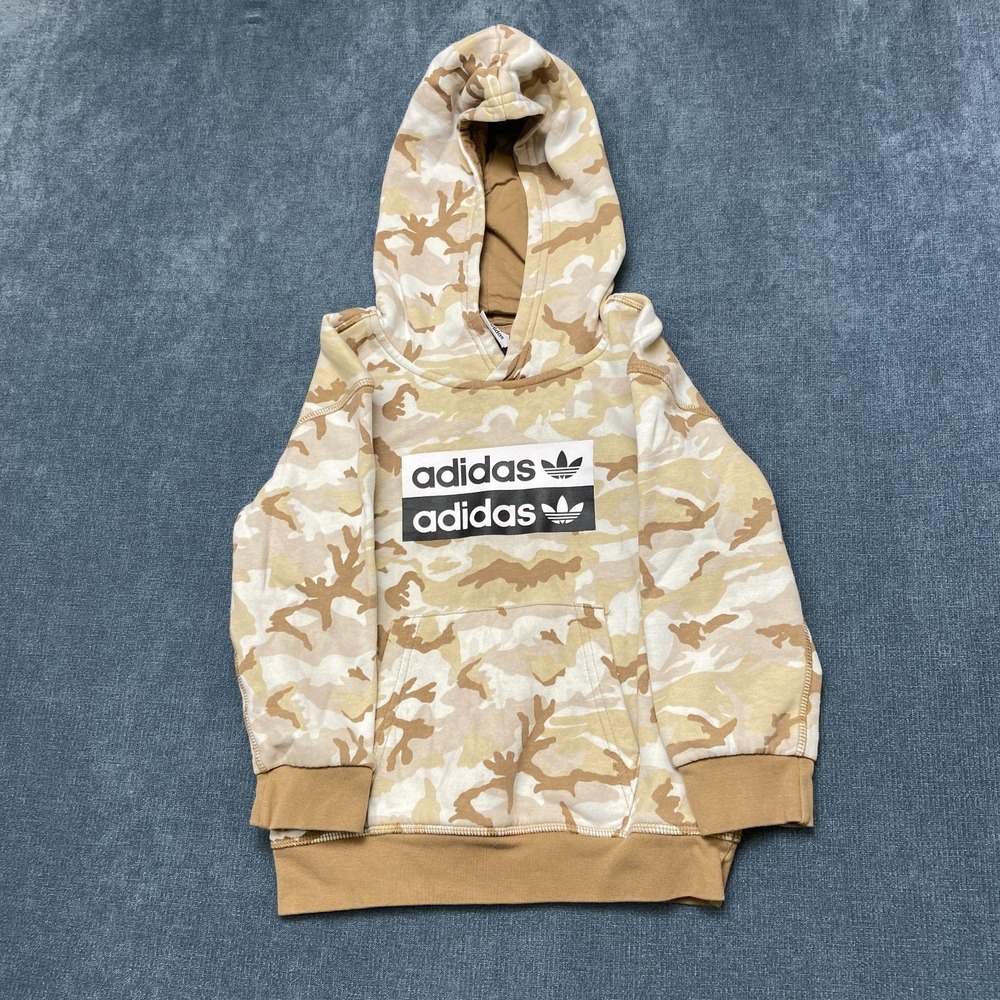 Adidas Hoodie Kids M 5-6Y Beige Brown Camo Trefoil Logo Long Sleeve Pullover